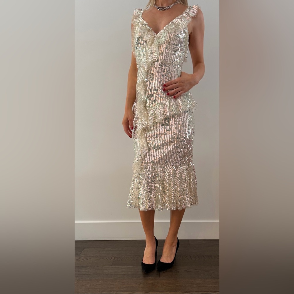 Needle & Thread Silver Sequin Midi Dress